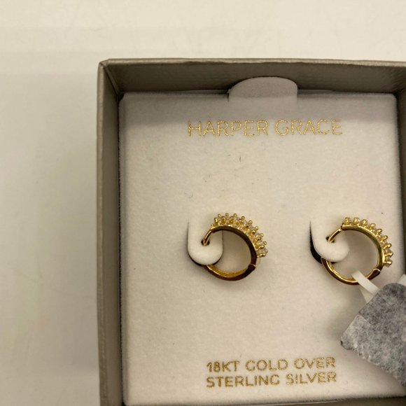 NIB in box Harper Grace 18K Yellow Gold over 925 Sterling Small Hoops with CZ - Picture 2 of 4